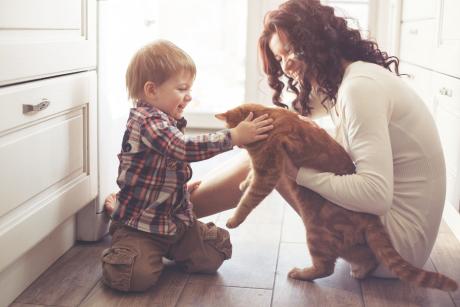 Green Homes Illinois, Mother with child and cat on kitchen floor, IL